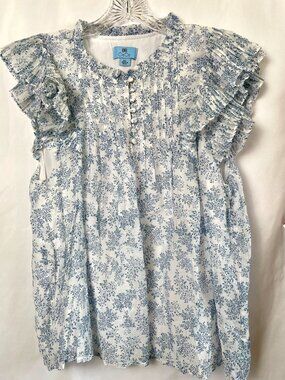CeCe White and Blue Floral Ruffle Sleeve Blouse XXL